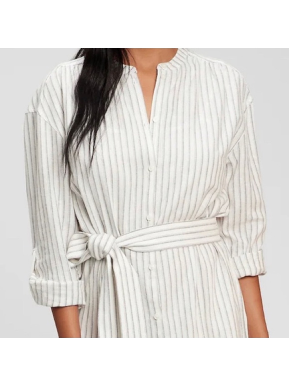 GAP Linen Blend Belted Shirtdress Tall-Medium Grey/White stripe - Picture 3 of 16